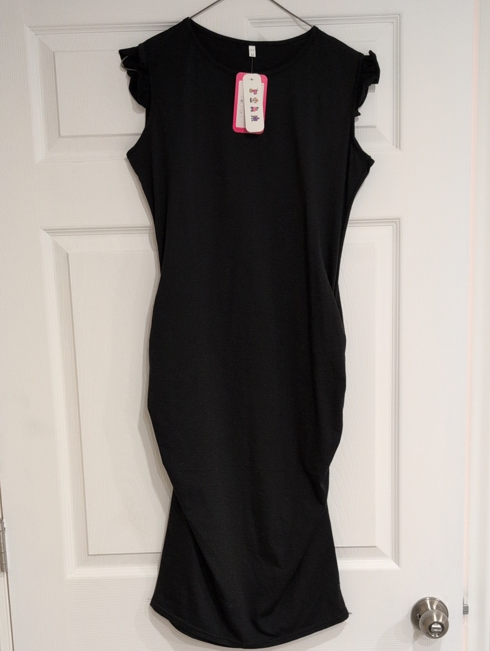 Maternity Classic Black Sleeveless Midi Dress w/ Ruffle Shoulders & Ruched Sides